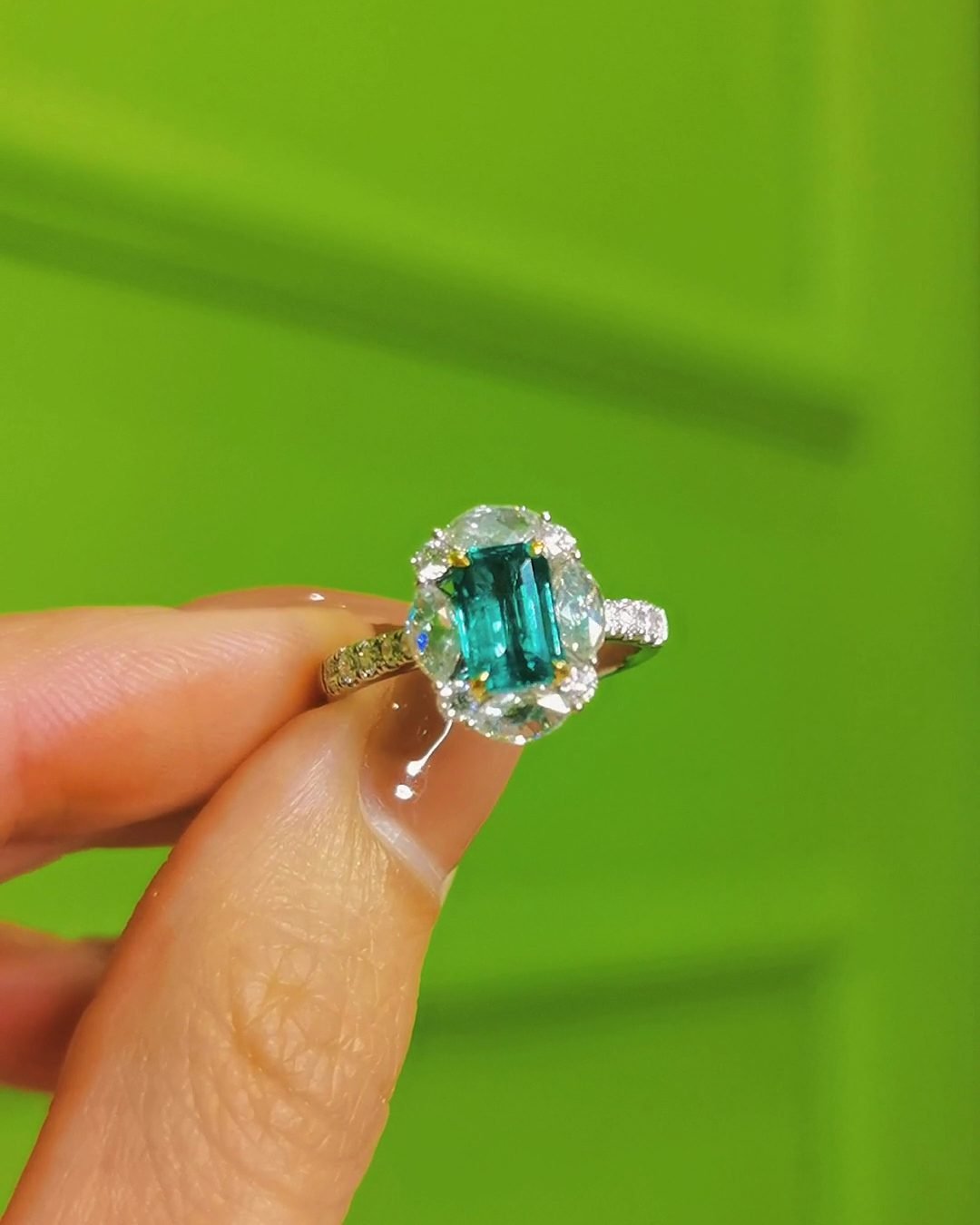 Zambian Emerald Ring Vivid Green Rose Cut Diamond Halo