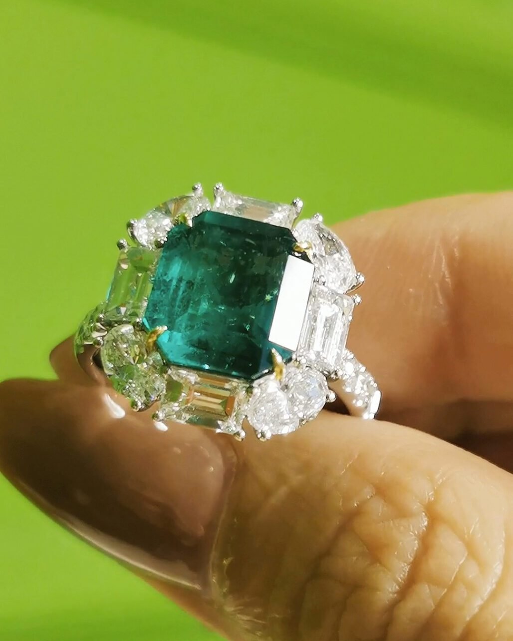 Vivid Green Zambian Emerald Ring - 3.57ct Glass Body (2.5ct Diamond Halo)