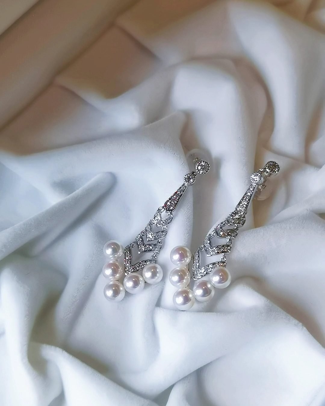 Art Deco Pearl Earrings - 18K White Gold Akoya Diamond Drops