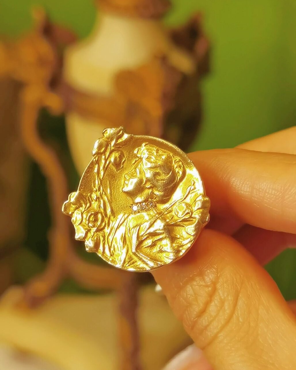 Art Nouveau Goddess Ring - 18K Gold Iris Flower and Mucha Style