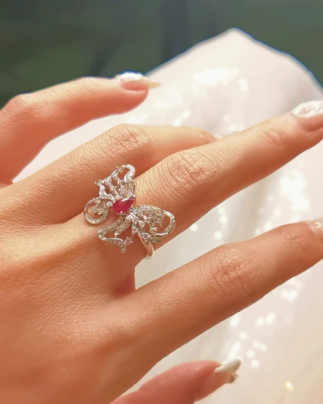Ruby Butterfly Ring - Luxury Red Gemstone and Diamond Setting