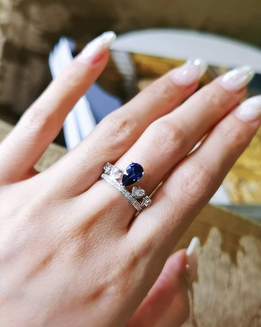 Unheated Royal Blue Sapphire Ring - 1.53ct Pear Cut 18K White Gold