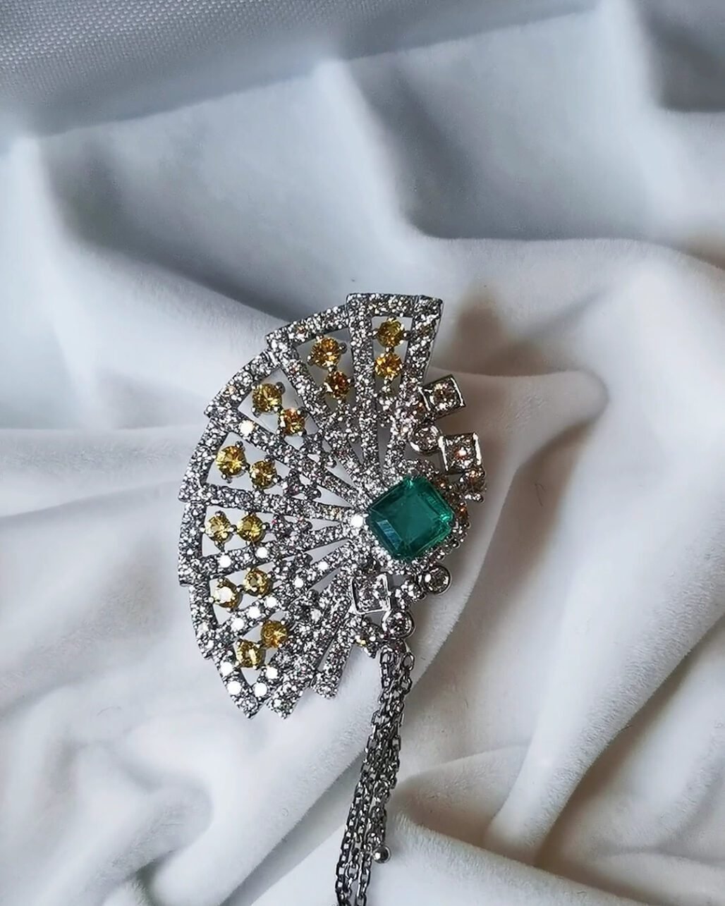 Colombian Emerald Peacock Fan Pendant - 18K White Gold Diamond Necklace