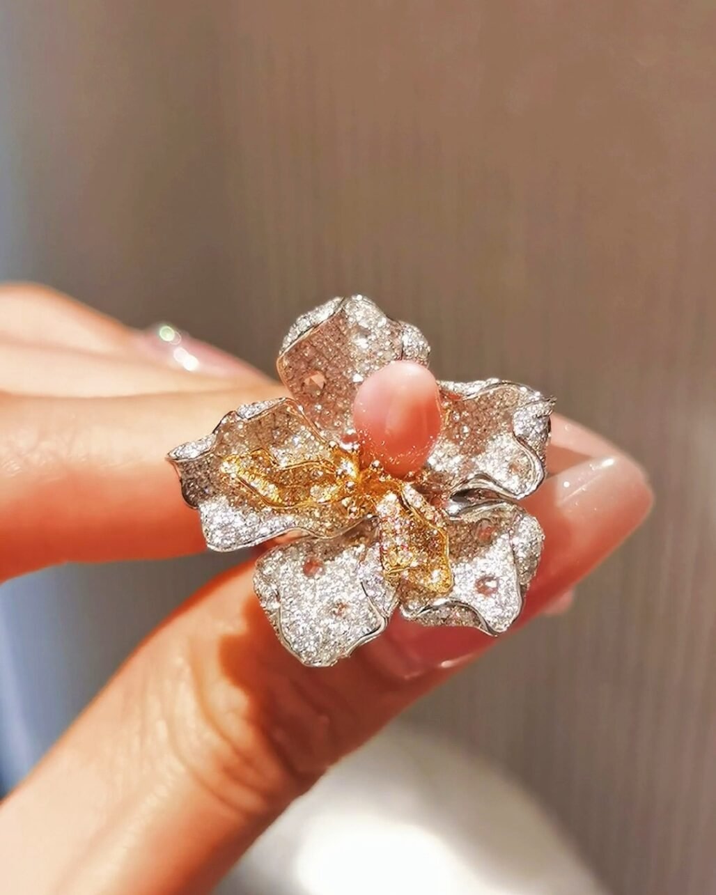 Conch Pearl Flower Ring - Hand-Carved Wax Rare Pink Flame