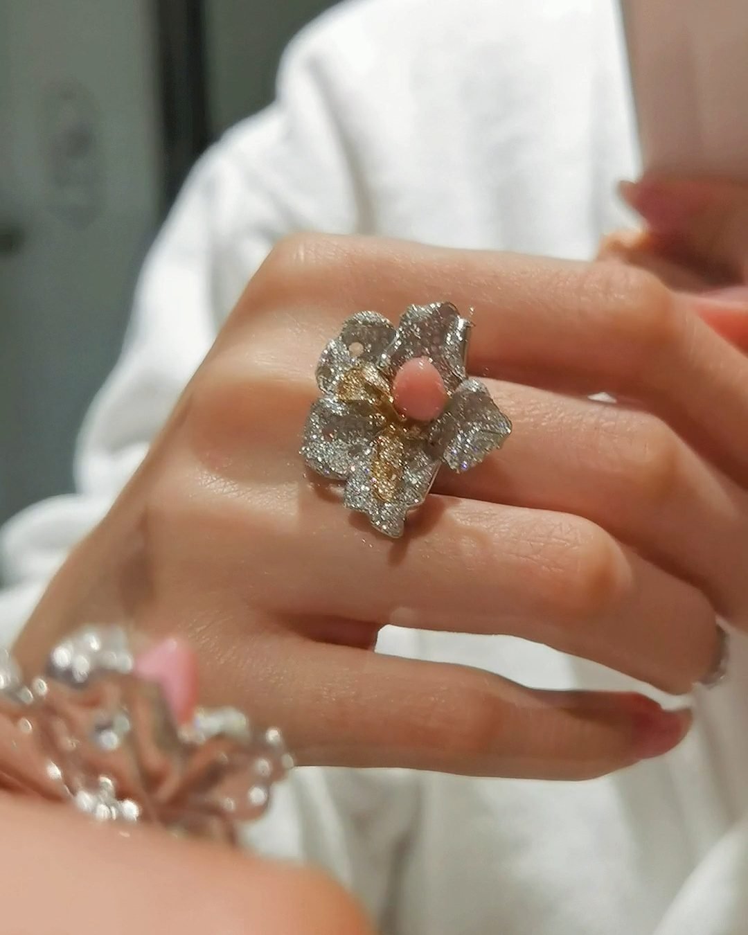 Conch Pearl Flower Ring - Hand-Carved Wax Rare Pink Flame