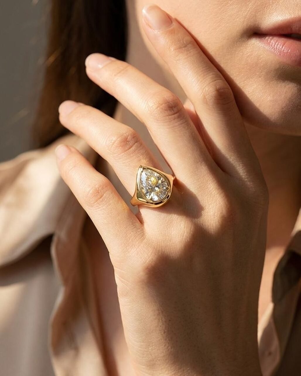 East West Pear Ring - 2ct Horizontal Moissanite 18K Gold Vermeil