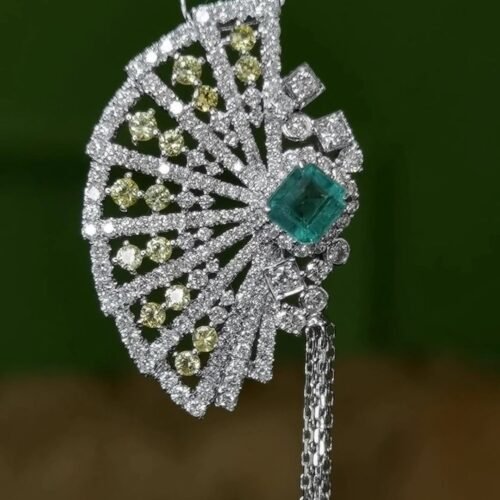 Colombian Emerald Peacock Fan Pendant - 18K White Gold Diamond Necklace