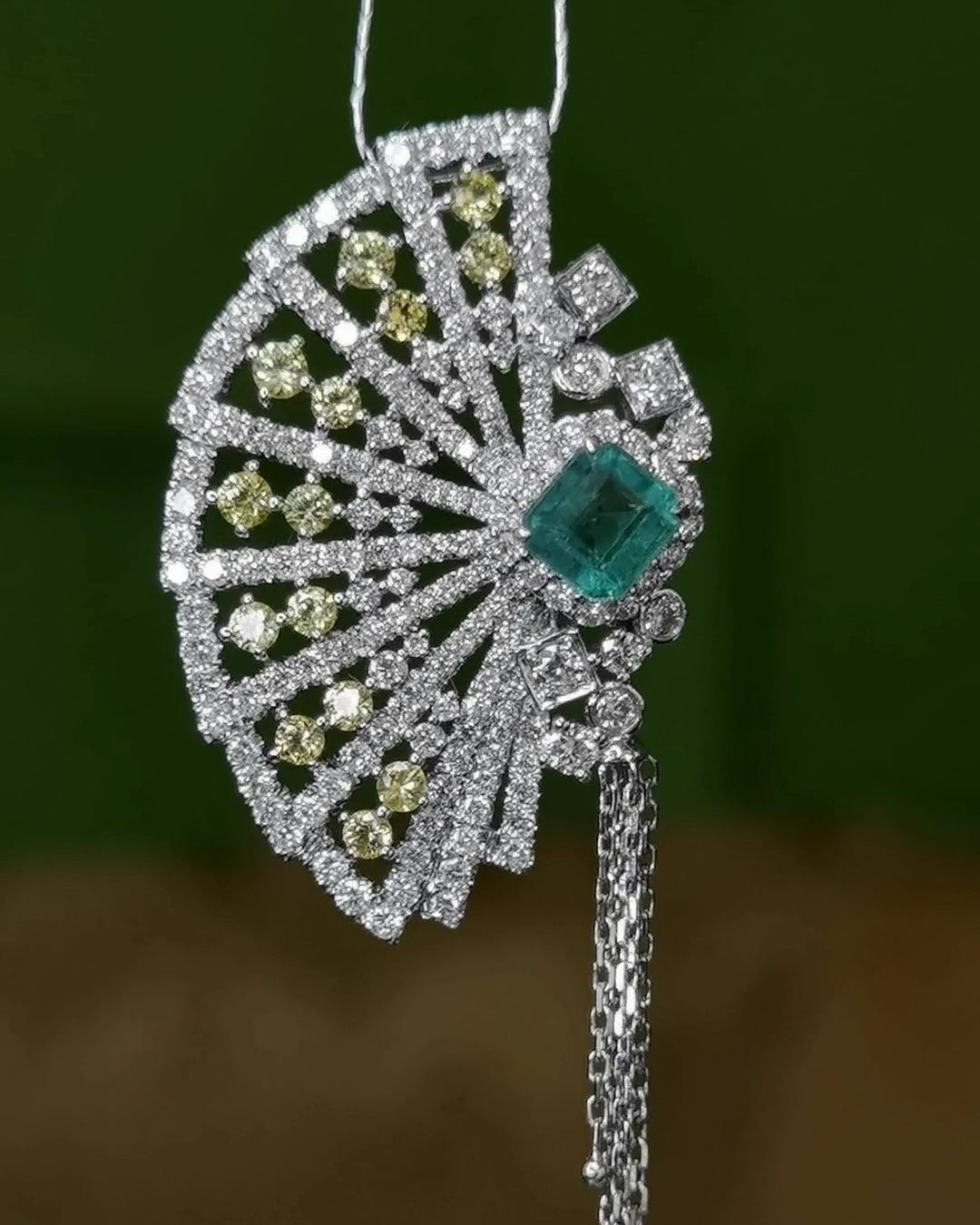Colombian Emerald Peacock Fan Pendant - 18K White Gold Diamond Necklace
