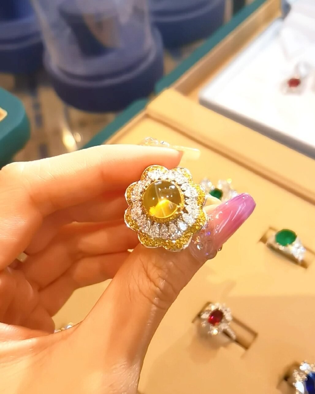 Honey Cats Eye Ring - 7ct Chrysoberyl Diamond Lace Design