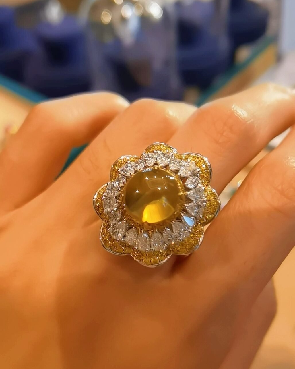 Honey Cats Eye Ring - 7ct Chrysoberyl Diamond Lace Design