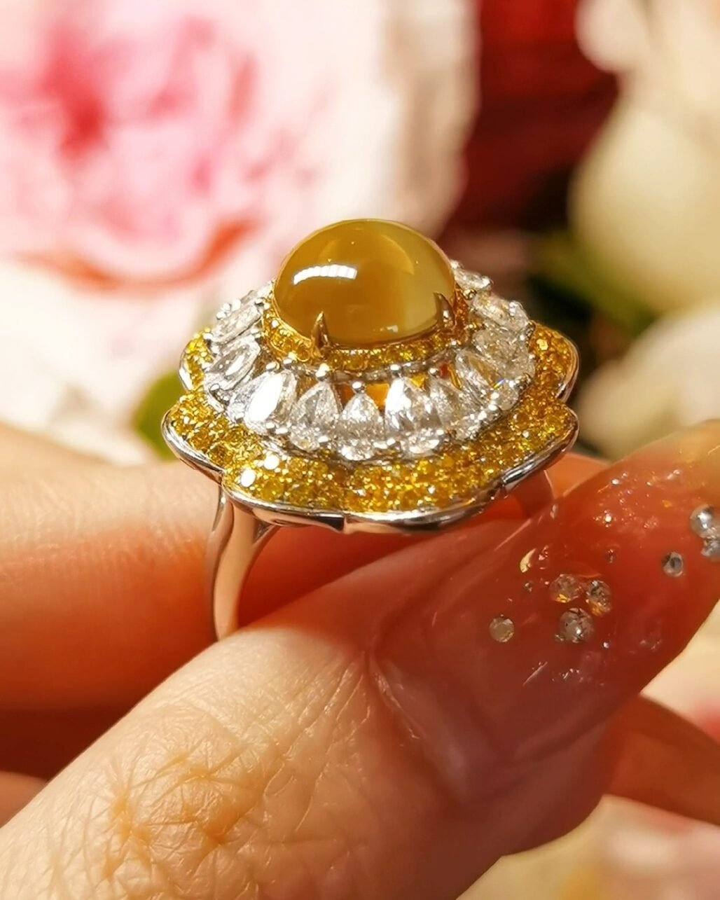 Honey Cats Eye Ring - 7ct Chrysoberyl Diamond Lace Design