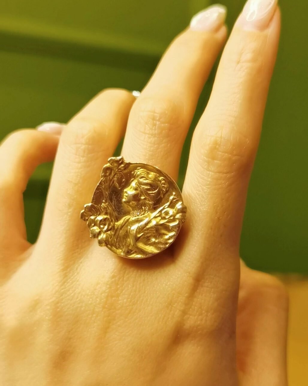 Art Nouveau Goddess Ring - 18K Gold Iris Flower and Mucha Style
