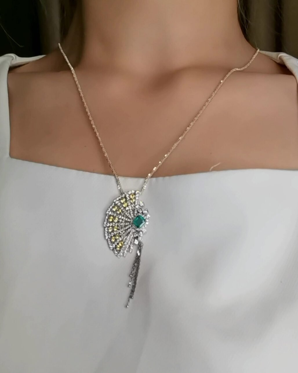 Colombian Emerald Peacock Fan Pendant - 18K White Gold Diamond Necklace