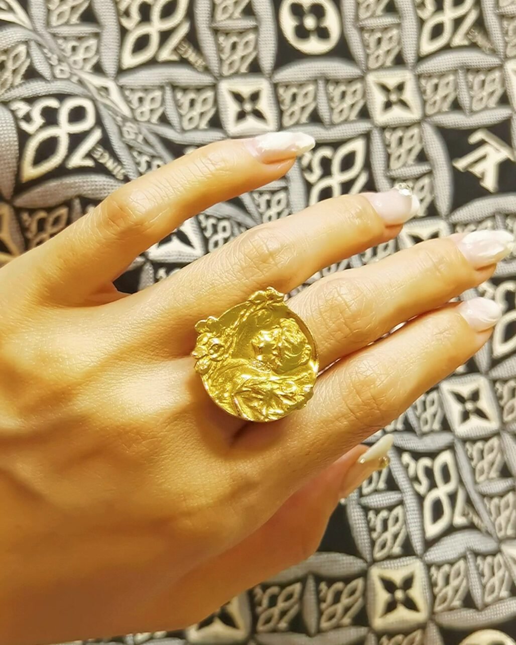 Art Nouveau Goddess Ring - 18K Gold Iris Flower and Mucha Style