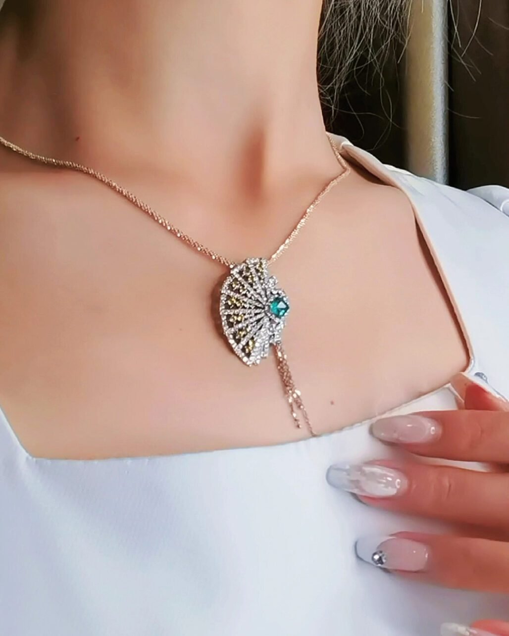 Colombian Emerald Peacock Fan Pendant - 18K White Gold Diamond Necklace