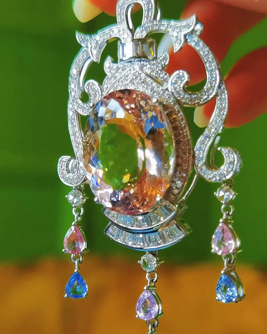 Morganite Pendant Necklace - 18.8ct Luxury Chandelier Pink Beryl