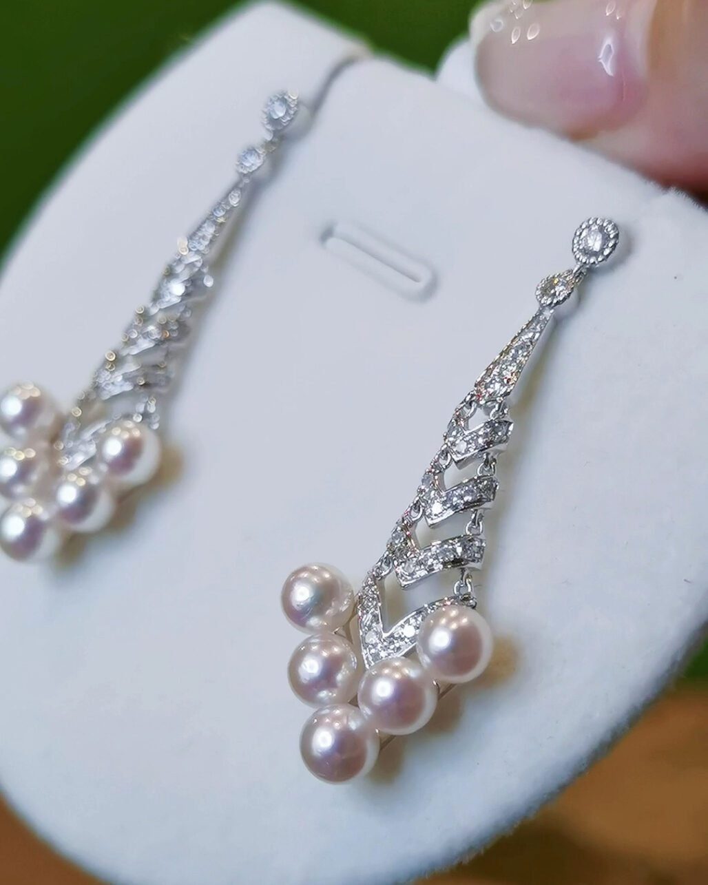 Art Deco Pearl Earrings - 18K White Gold Akoya Diamond Drops