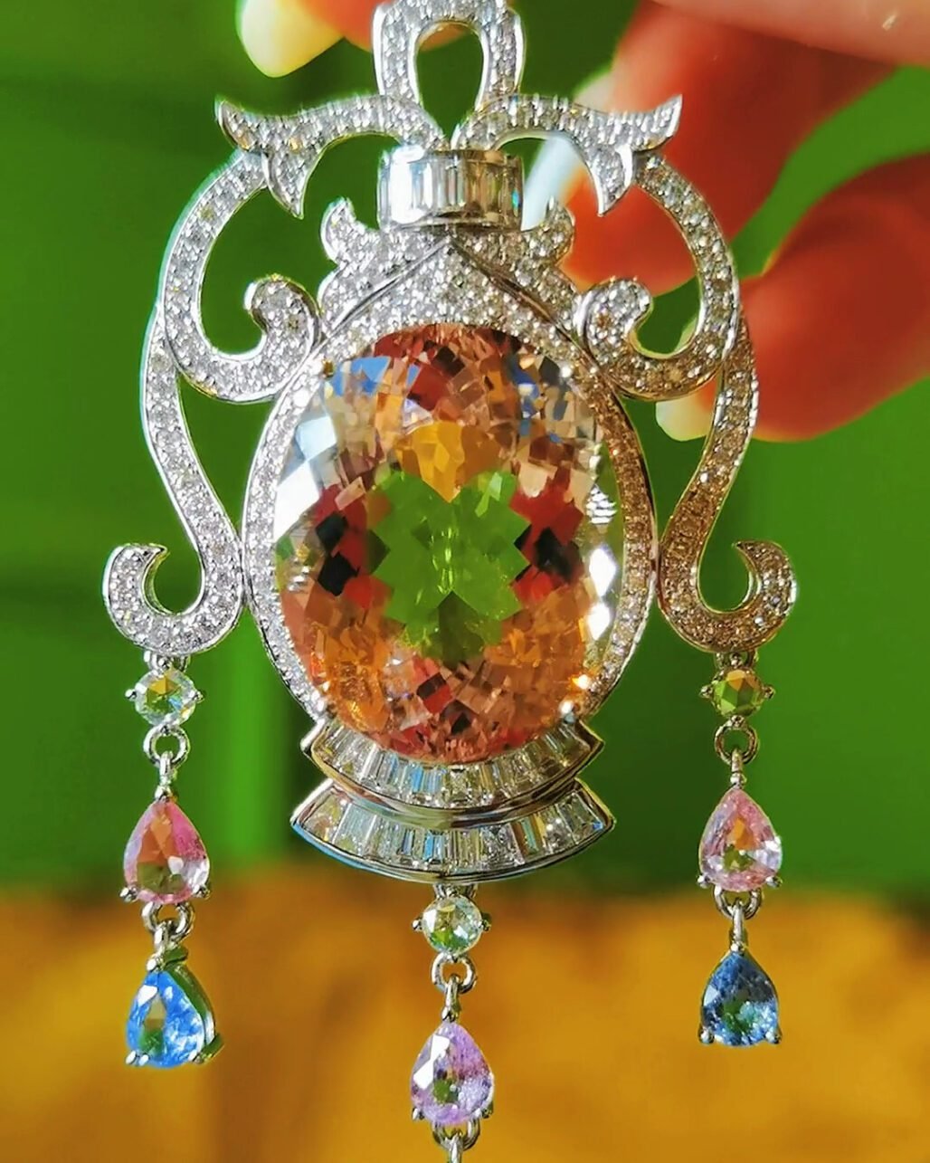 Morganite Pendant Necklace - 18.8ct Luxury Chandelier Pink Beryl