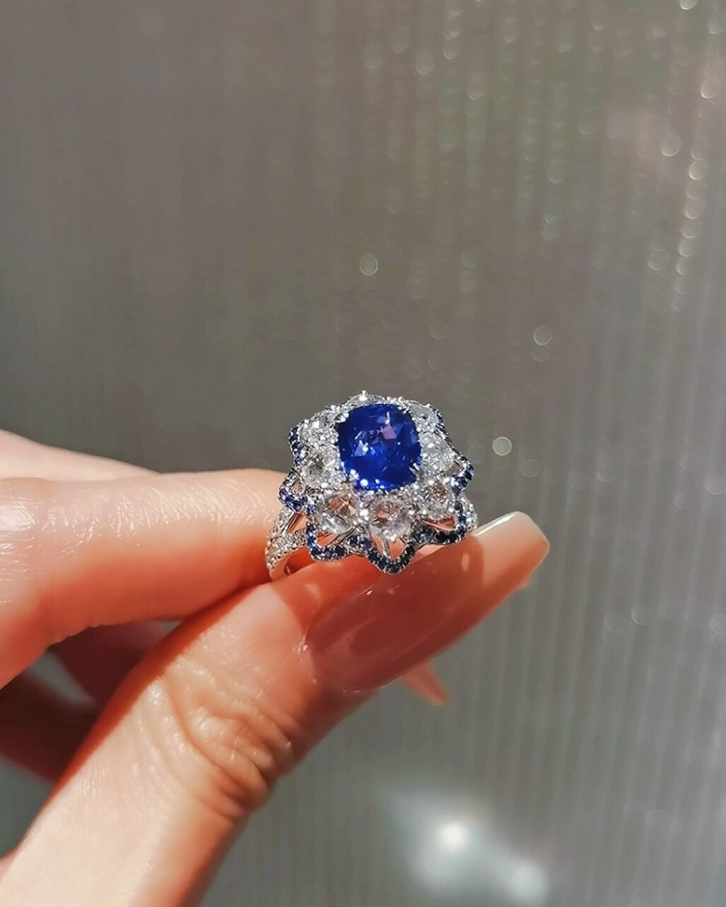 Royal Blue Sapphire Ring - Velvet Glow Floral Pave Design