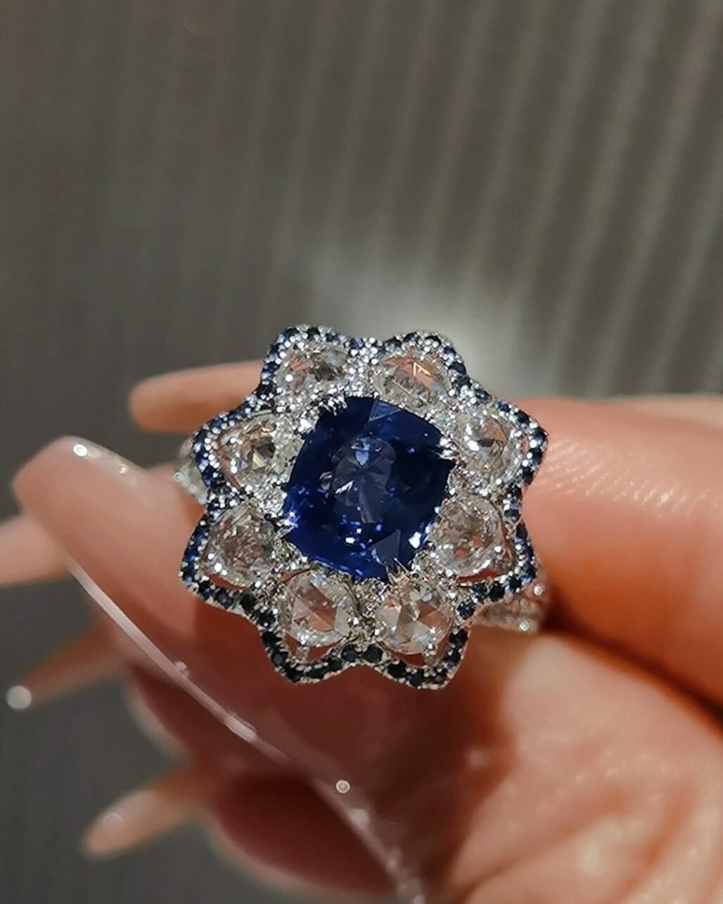 Royal Blue Sapphire Ring - Velvet Glow Floral Pave Design