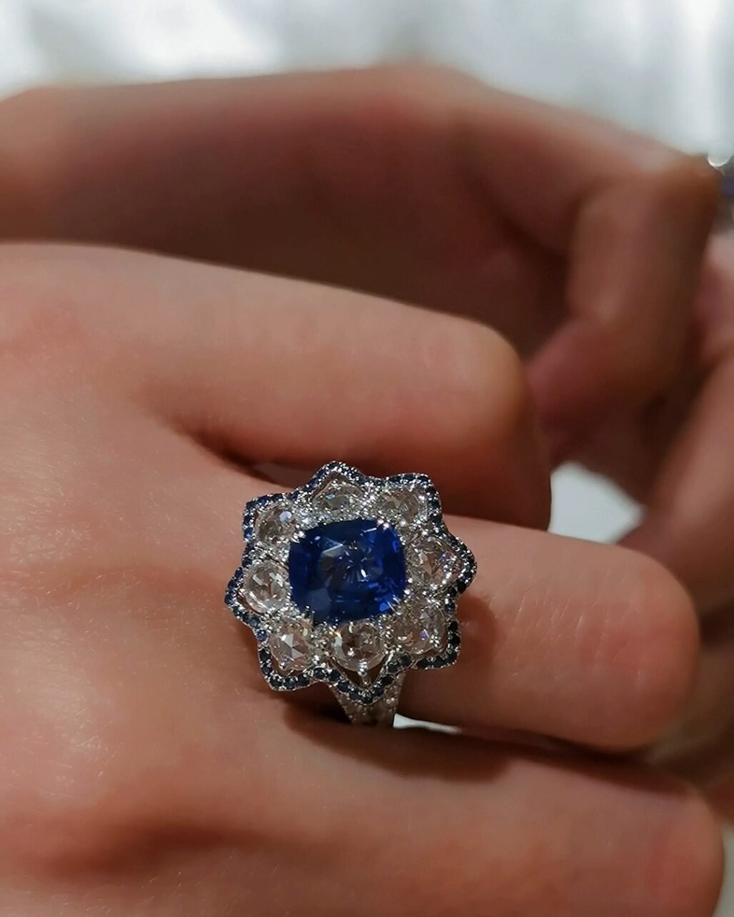 Royal Blue Sapphire Ring - Velvet Glow Floral Pave Design