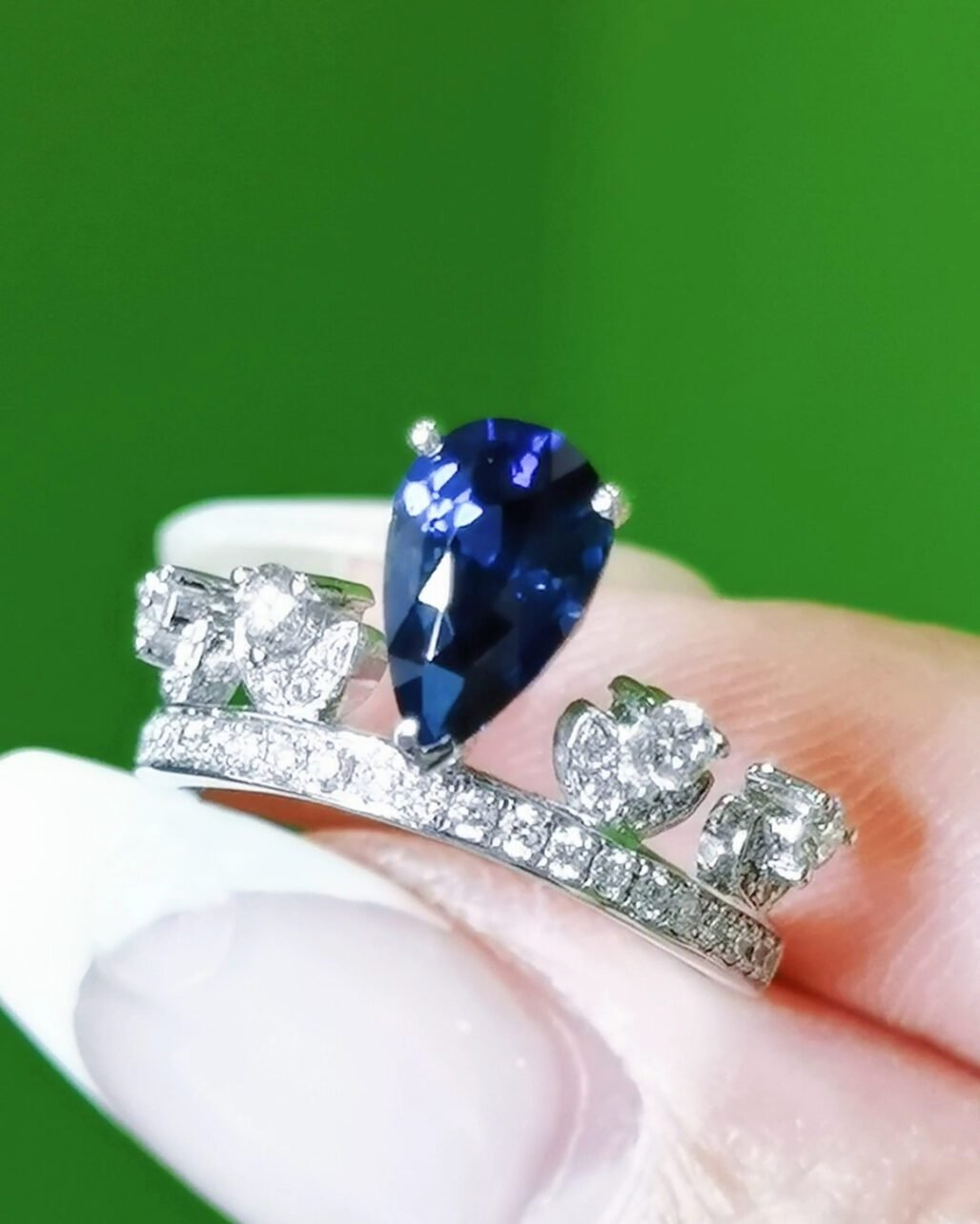 Unheated Royal Blue Sapphire Ring - 1.53ct Pear Cut 18K White Gold