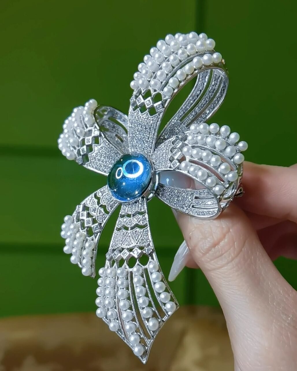 Topaz Ribbon Brooch - Art Deco Baby Akoya Pearl Custom Design