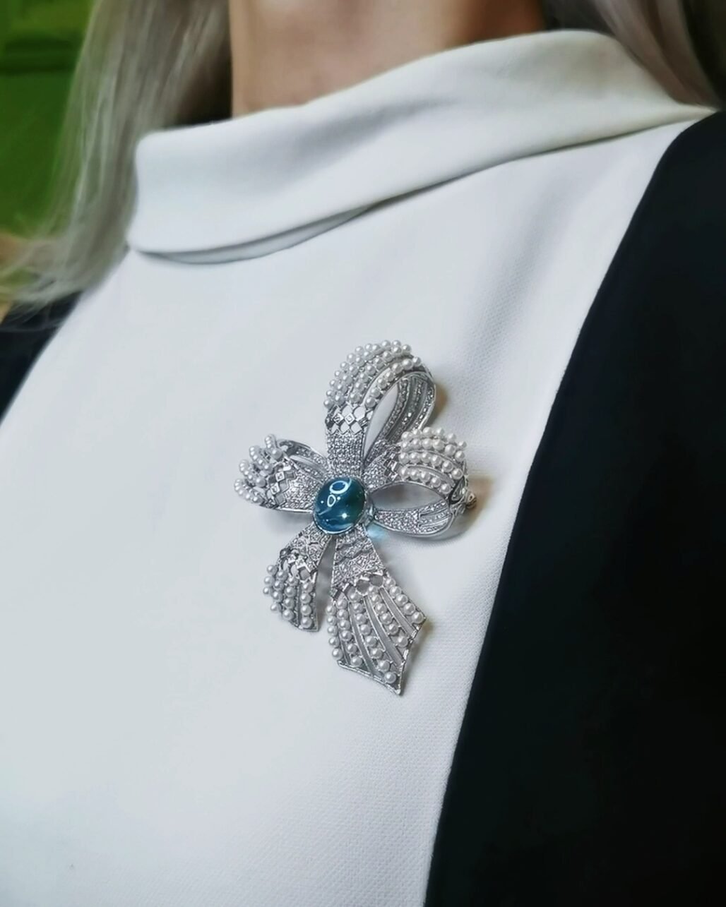 Topaz Ribbon Brooch - Art Deco Baby Akoya Pearl Custom Design