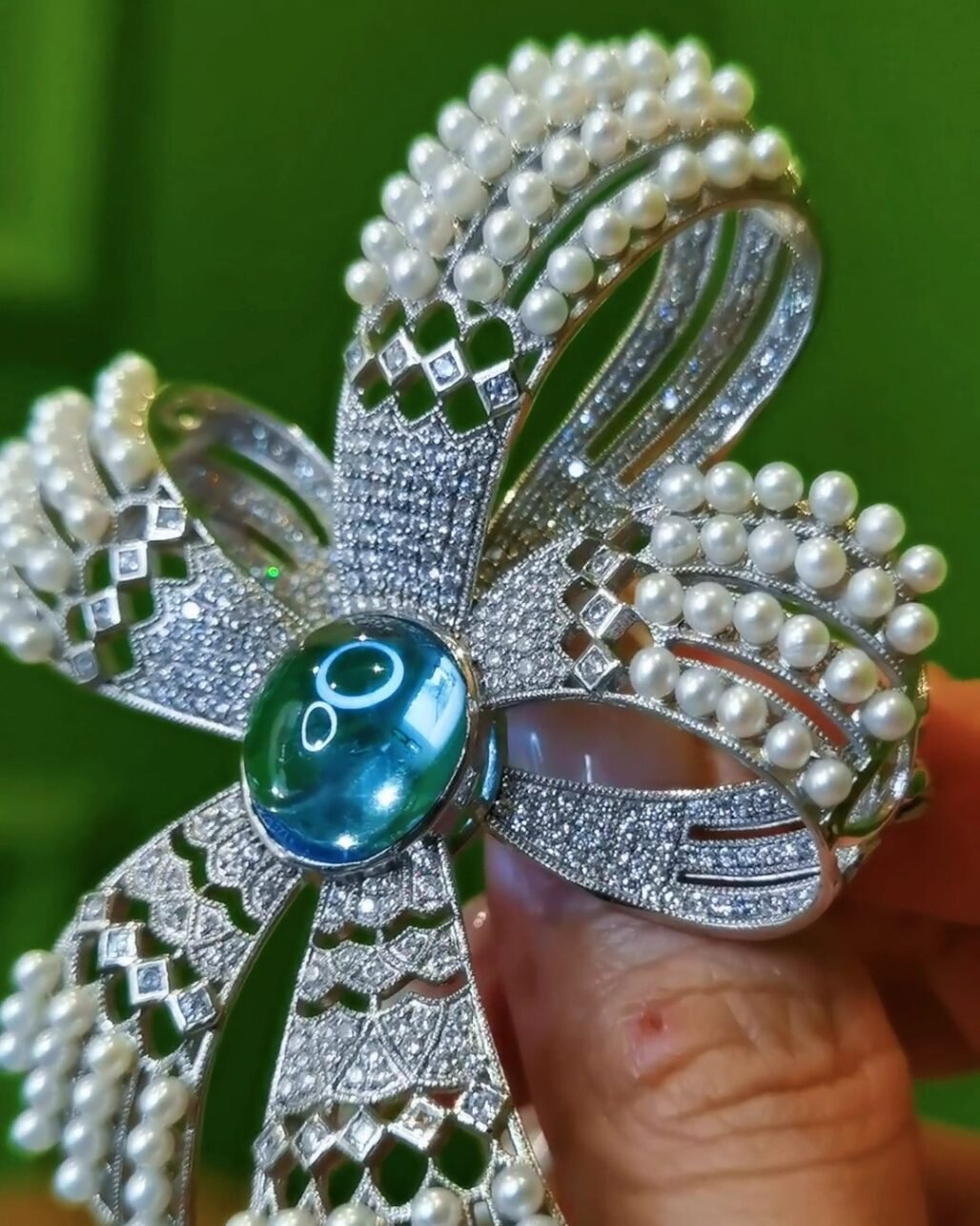 Topaz Ribbon Brooch - Art Deco Baby Akoya Pearl Custom Design