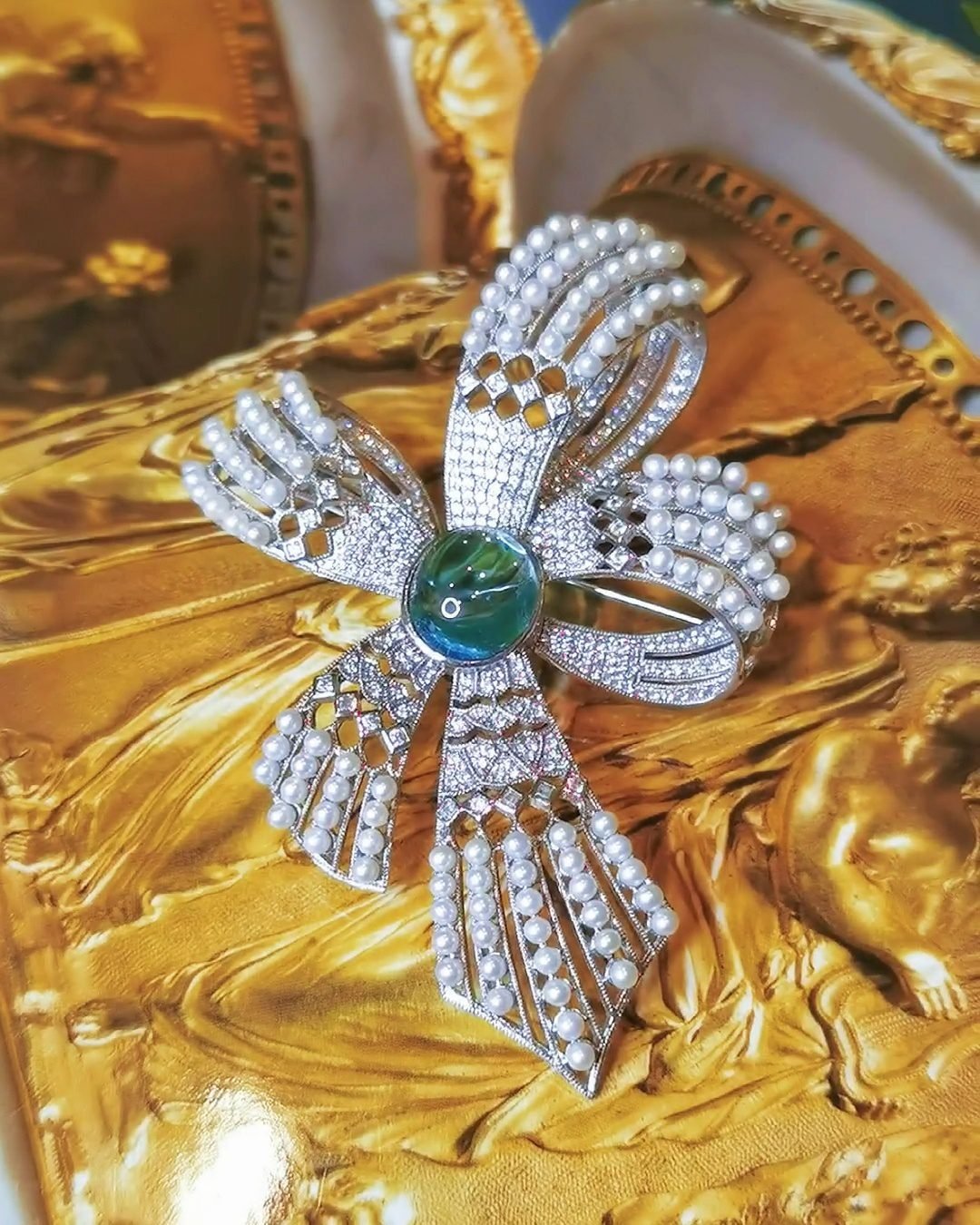 Topaz Ribbon Brooch - Art Deco Baby Akoya Pearl Custom Design