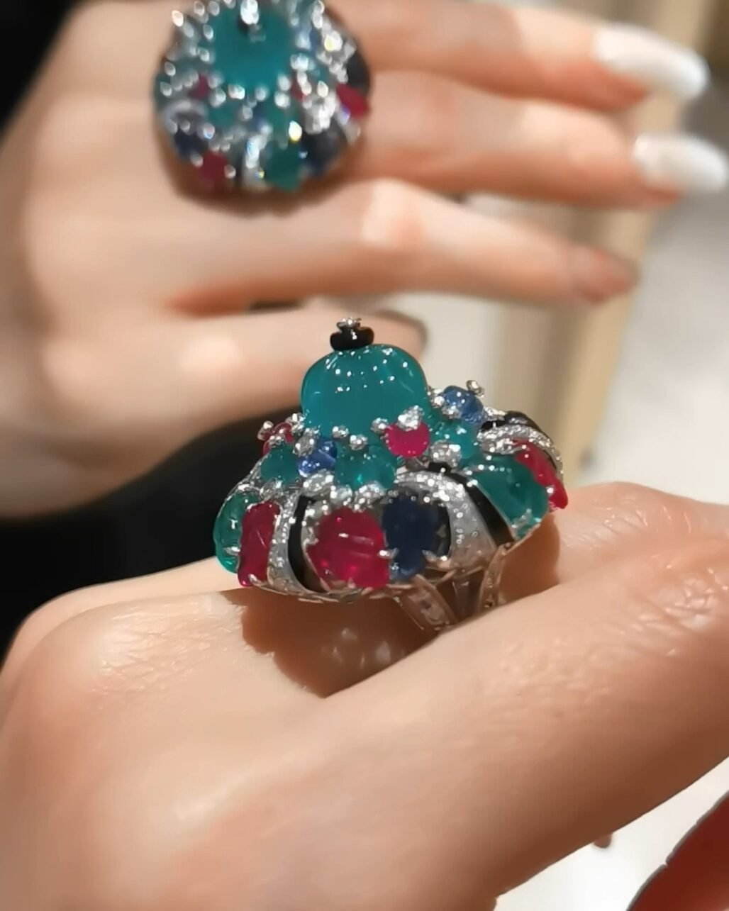 Tutti Frutti Emerald Ring - Bulgari Style Pumpkin Cut Masterpiece