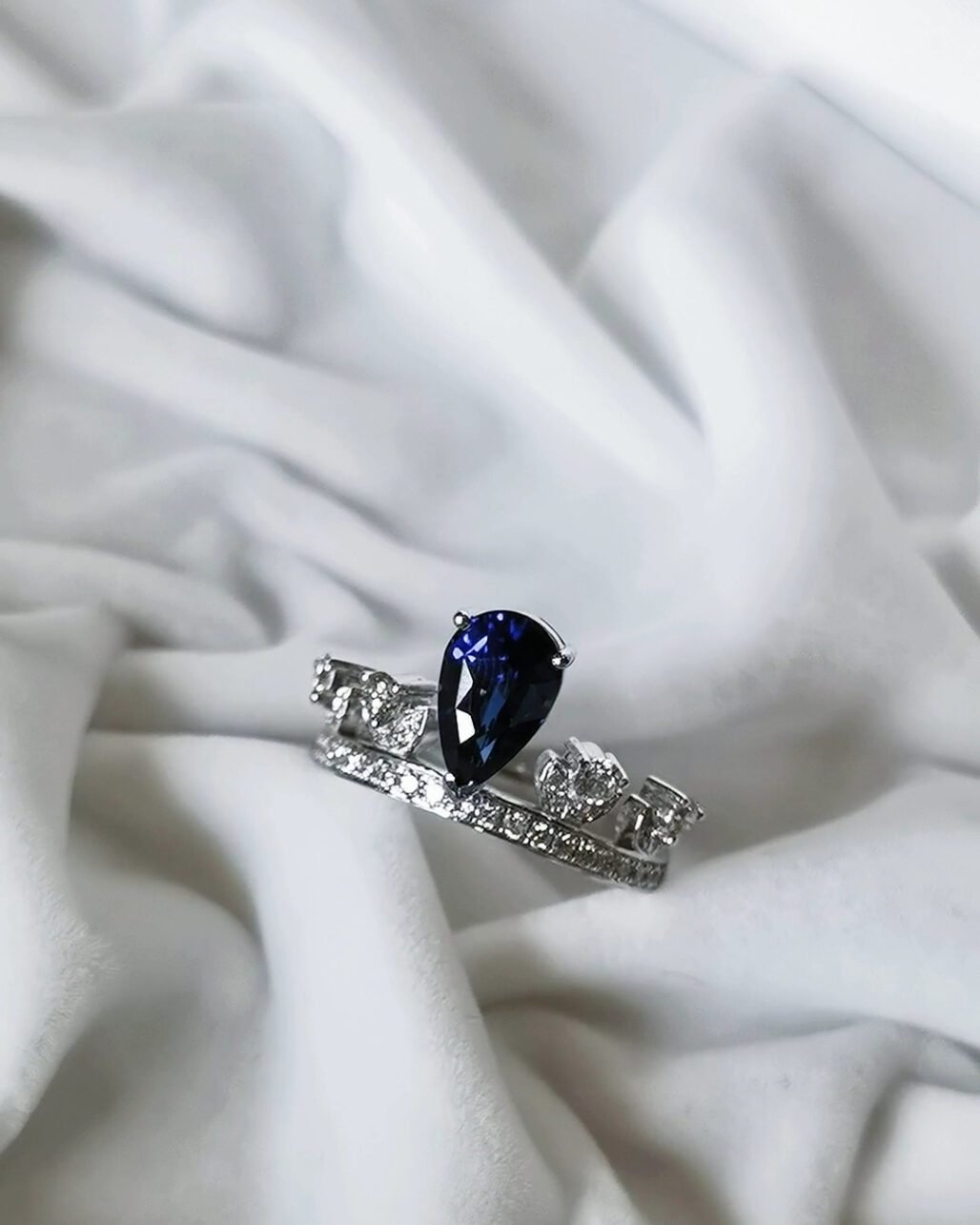 Unheated Royal Blue Sapphire Ring - 1.53ct Pear Cut 18K White Gold