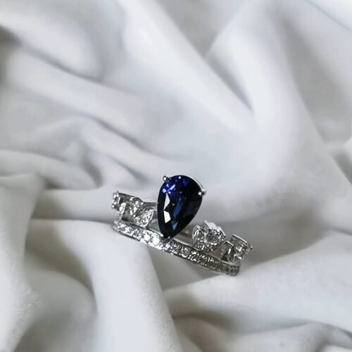 Unheated Royal Blue Sapphire Ring - 1.53ct Pear Cut 18K White Gold