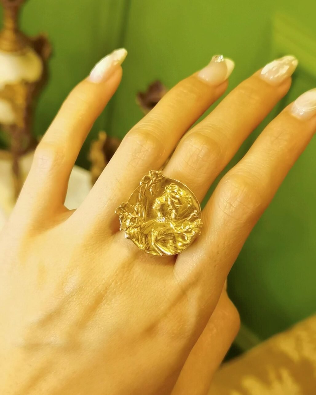 Art Nouveau Goddess Ring - 18K Gold Iris Flower and Mucha Style