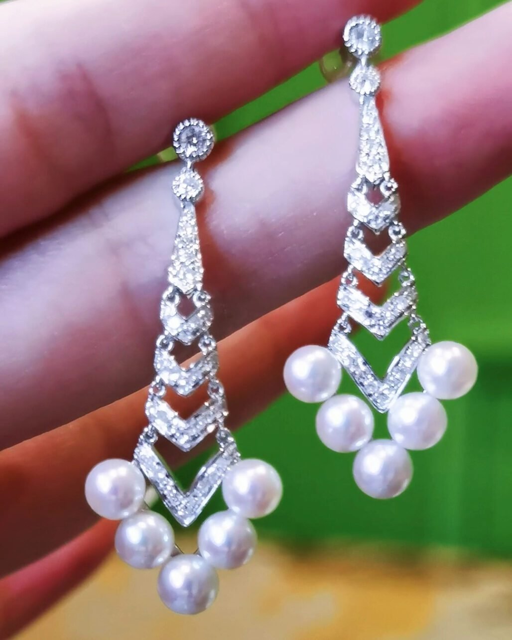 Art Deco Pearl Earrings - 18K White Gold Akoya Diamond Drops