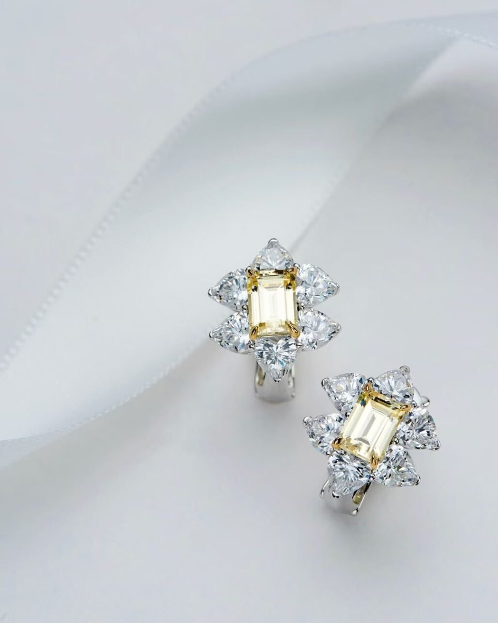 Yellow Carbon Diamond Earrings Emerald Cut Daisy Cluster