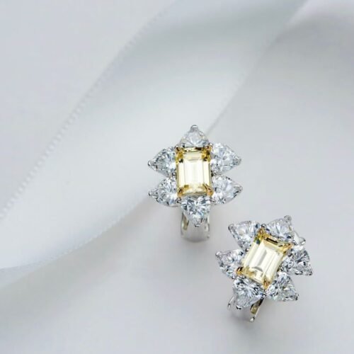 yellow-carbon-diamond-earrings-01 Yellow Carbon Diamond Earrings Emerald Cut Daisy Cluster