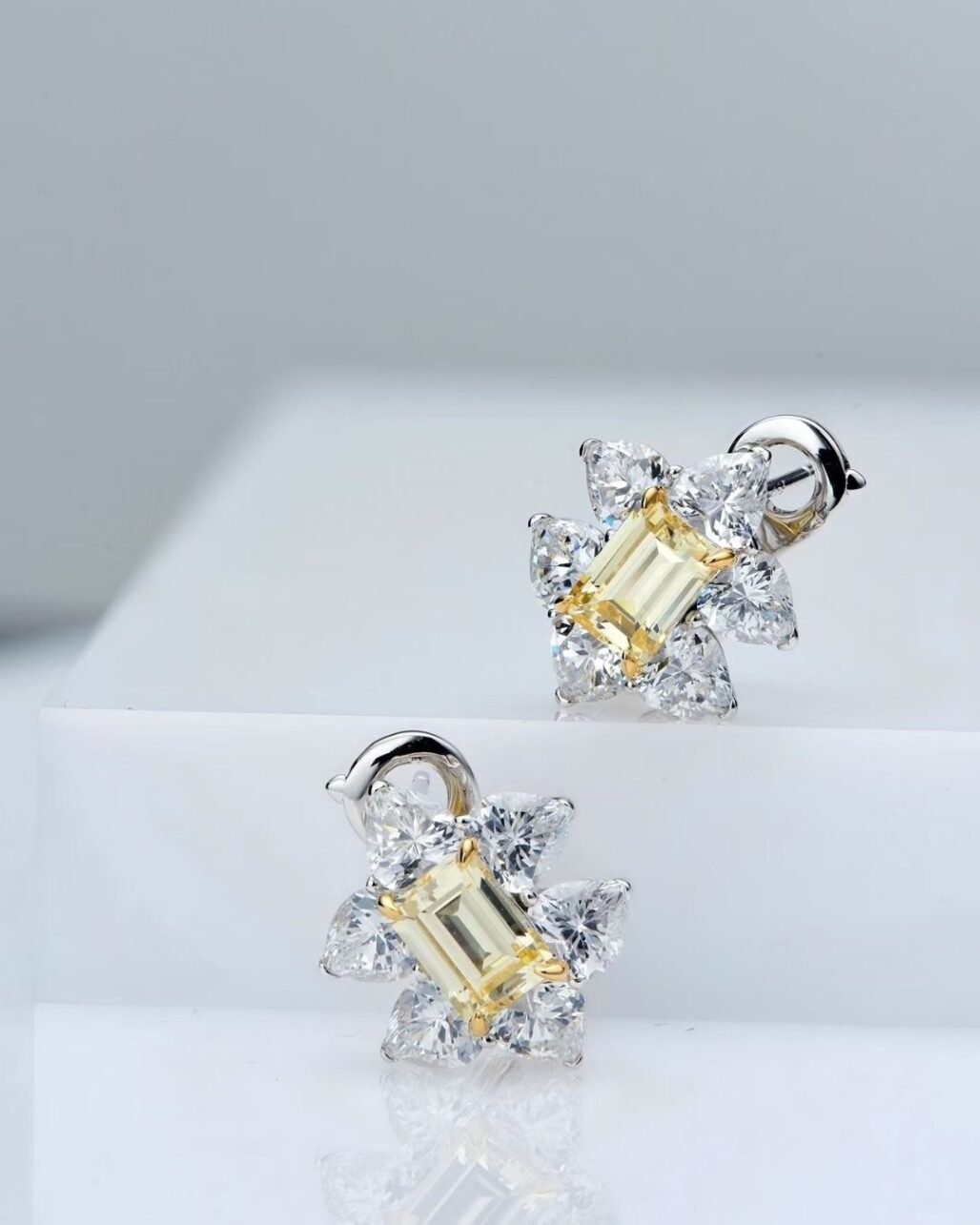 Yellow Carbon Diamond Earrings Emerald Cut Daisy Cluster