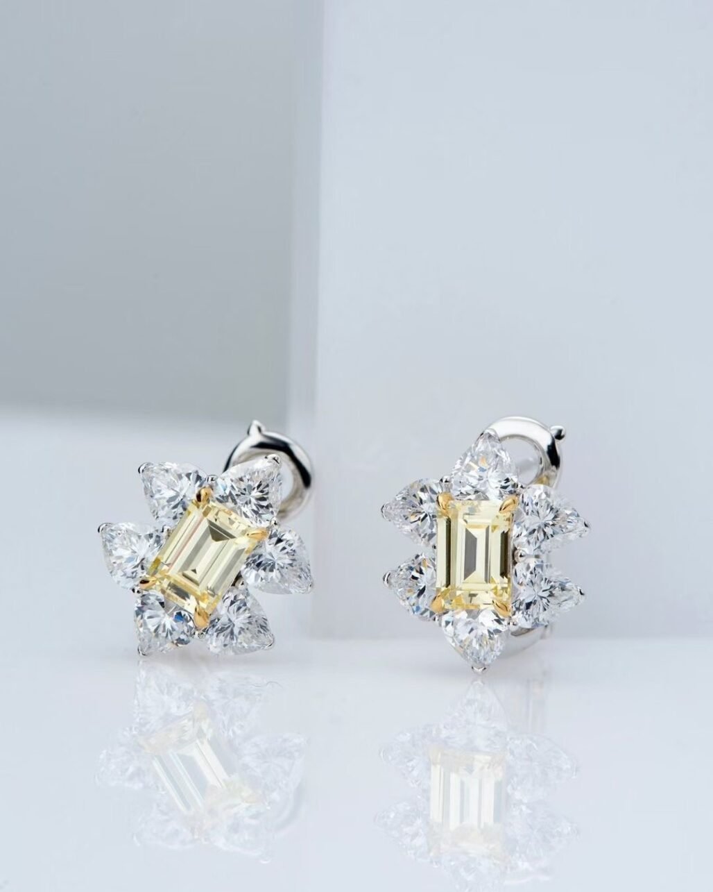 Yellow Carbon Diamond Earrings Emerald Cut Daisy Cluster