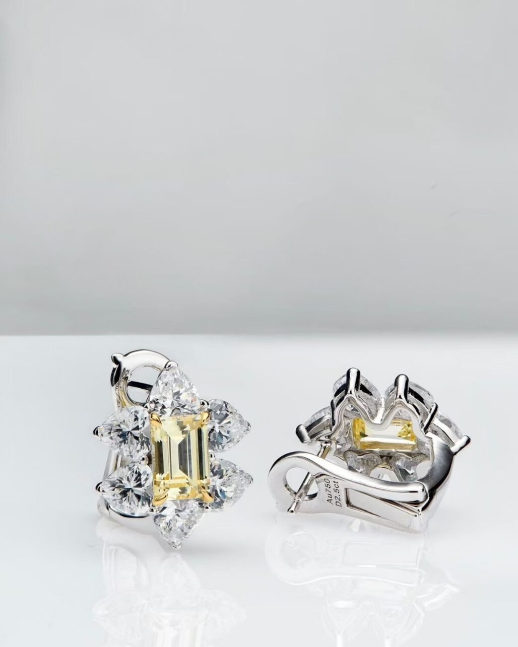 Yellow Carbon Diamond Earrings Emerald Cut Daisy Cluster